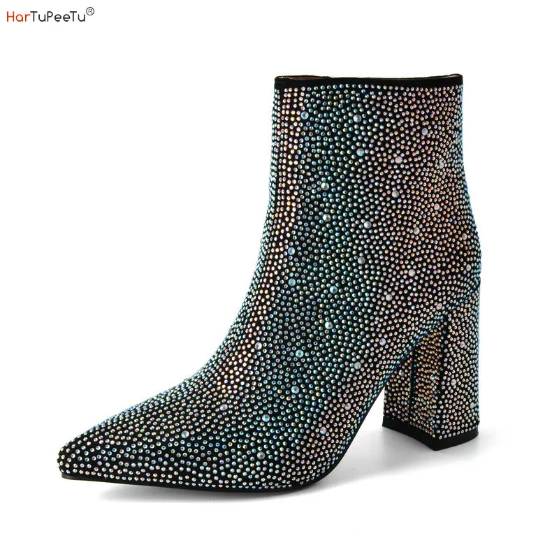 

Women's Rhinestone Boots Ankle Shiny Chunky Block High Heeled Booties Studded Glitter Bling Carnival Night Embellished Shoes