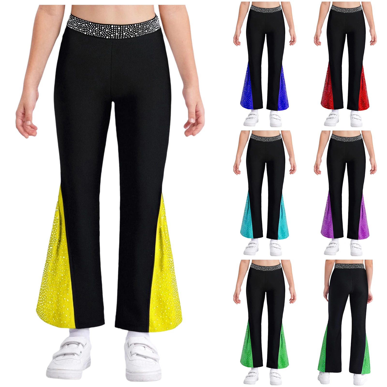 

Girls Jazz Dance Performance Costume Color Block Bell-Bottomed Elastic Waistband Shiny Rhinestones Pants Figure Skating Bottom