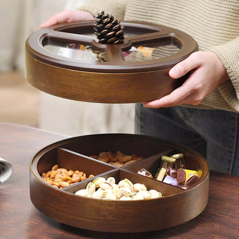 

Dried Fruit Tray Candy Box Household Wooden Living Room Double-Layer Rotating Fruit Plate Grid Storage Box