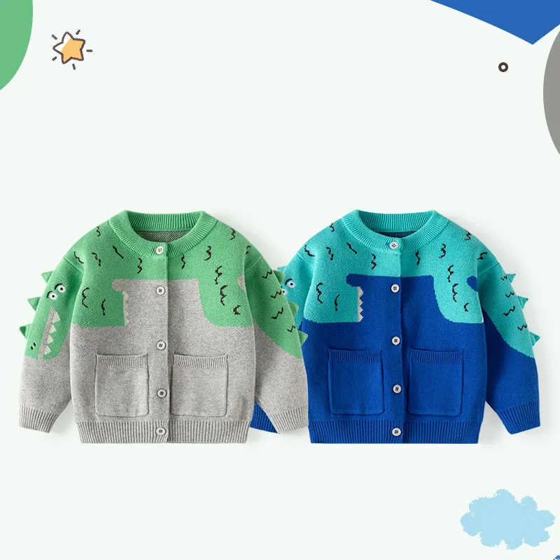 2-6 Year Spring Autumn Children Boys Sweater Cartoon Dinosaur Jacquard Toddler Boys Cardigan Patchwork Knitted Baby Boy Knitwear