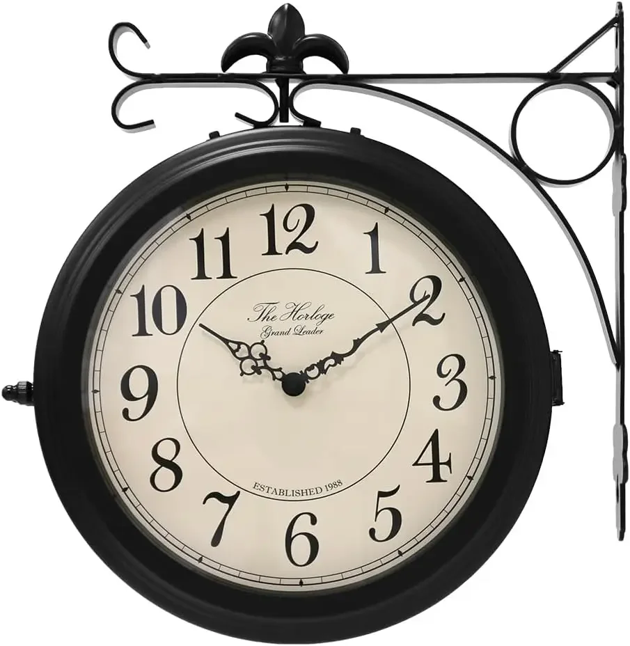 

66276B Double Sided Metal Wall Clock with Black Frame.Dial: 10-Inch,Quiet,Easy Read,Retro Station,Antique Hanging Clocks for Gar