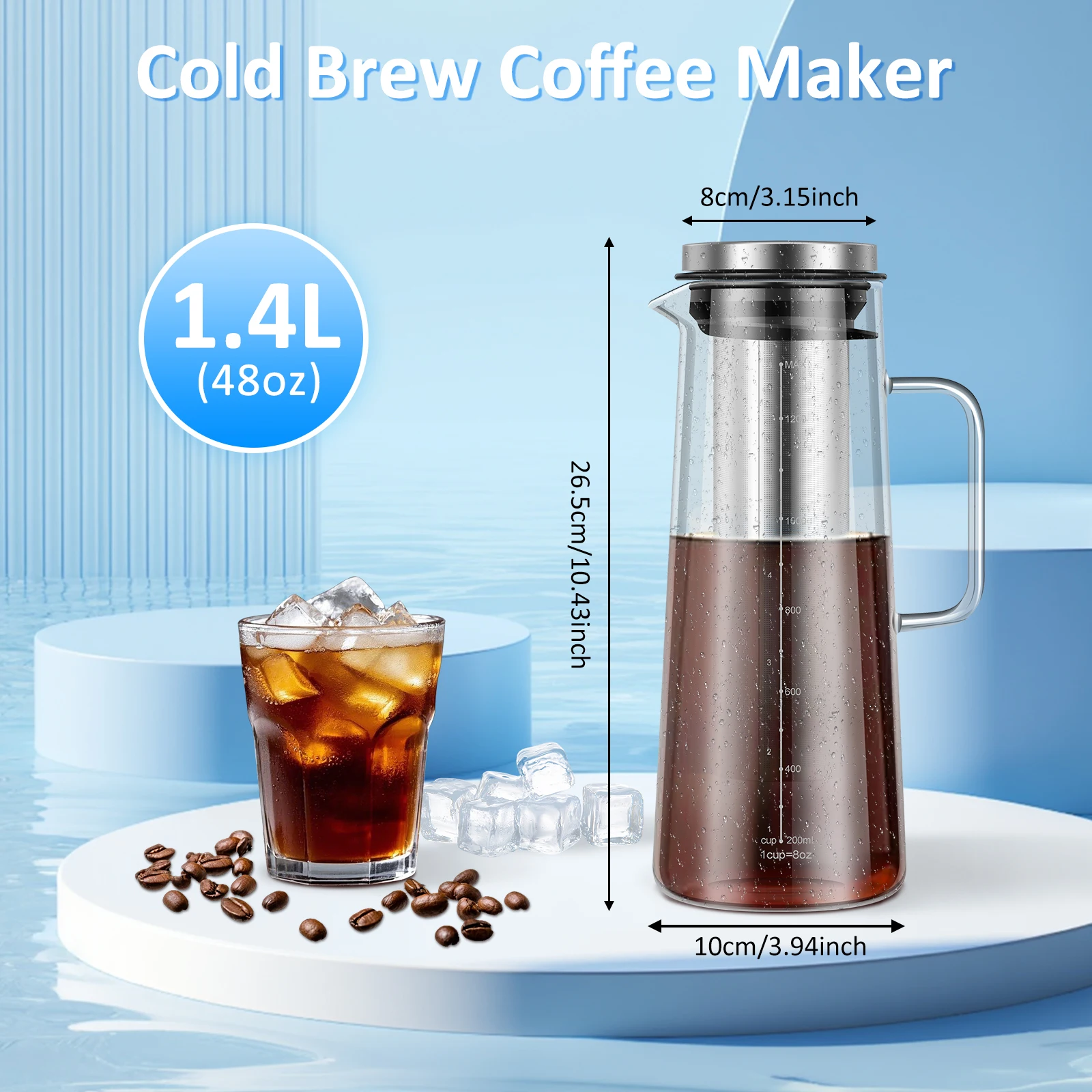 Jarra de café de 1,4l/48oz, cafetera helada, cafetera de vidrio transparente para el hogar, cocina, cafetería, fabricación de café frío