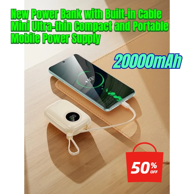 

20000mAh New Power Bank with Built-in Cable Mini Ultra-thin Compact and Portable Mobile Power Supply
