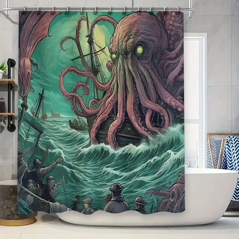 Unique Artistic Shower Curtain featuring a Brutal Giant Octopus Attack on Ships Perfect for Retro or Steampunk Decor