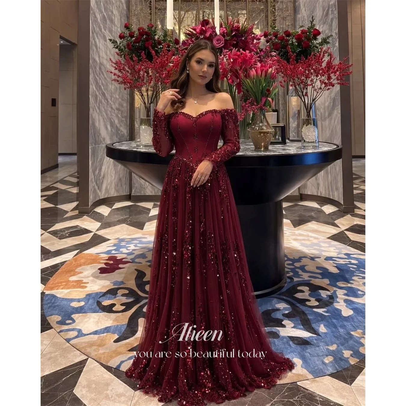

Aileen Tulle Off The Shoulder Burgundy Ball Gown Evening Dress 2026 Prom Dress Formal Evening Robes de Soirée Women Elegant