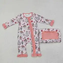 New rts baby girls Christmas pink rompers wholesale boutique Bamboo Christmas tree pattern fall girl onesie