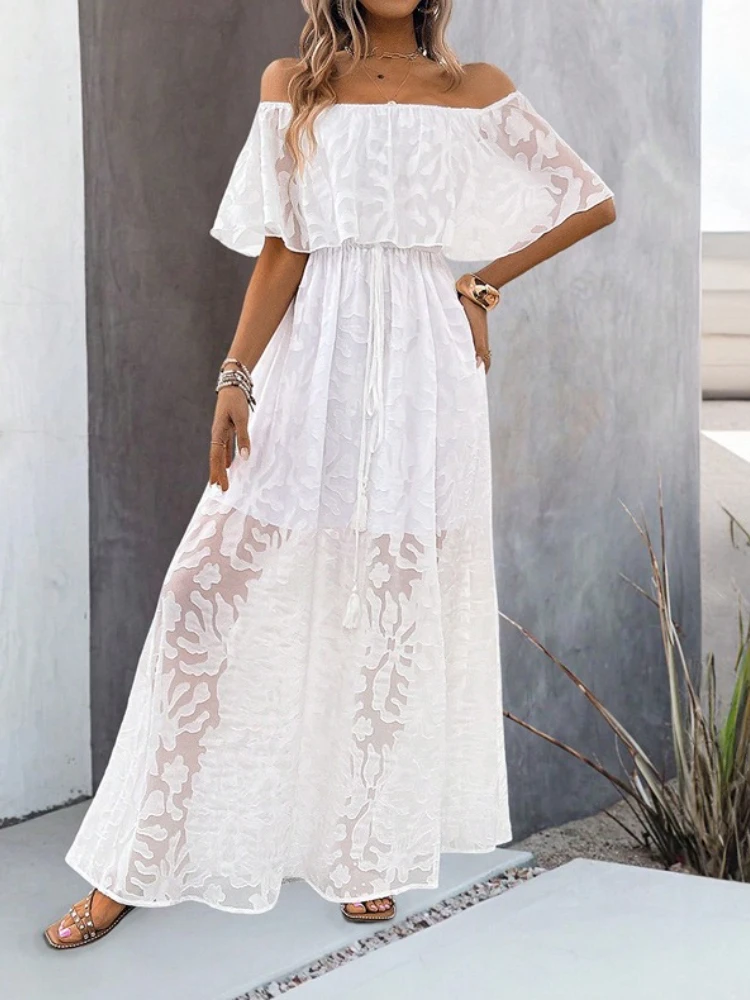 Robe longue en dentelle bohème pour femmes, blanche, plage, ample, sans bretelles, asymétrique épaule dénudée, couleur unie, Sexy, nouvelle collection été 2025