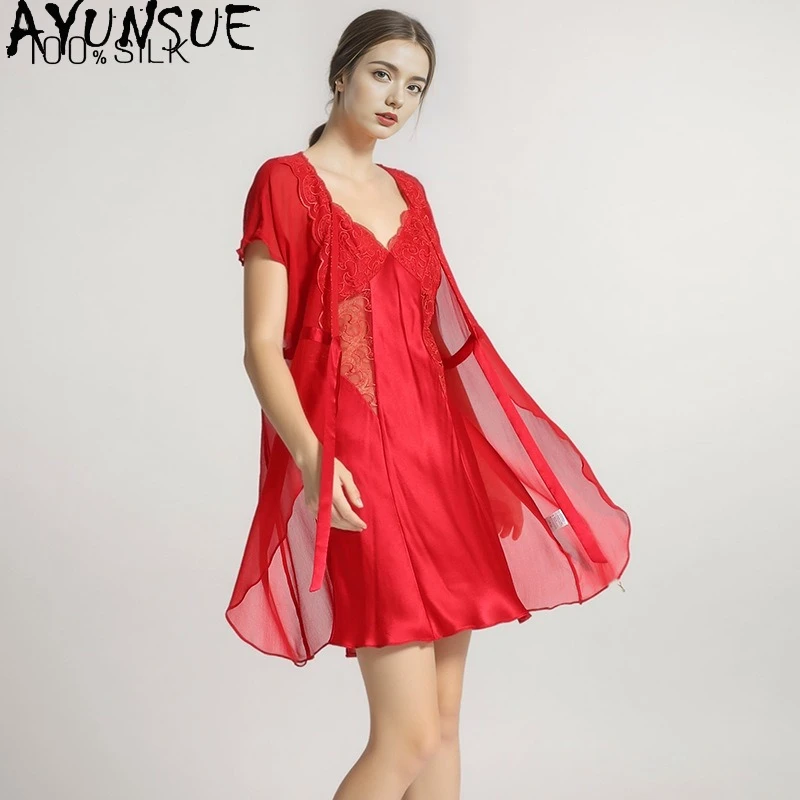 AYUNSUE 19MM 100% Real Mulberry Silk Sexy Sleepwear Two-piece Set Women Spring Summer Nightgown Robe Women's Home Clothes