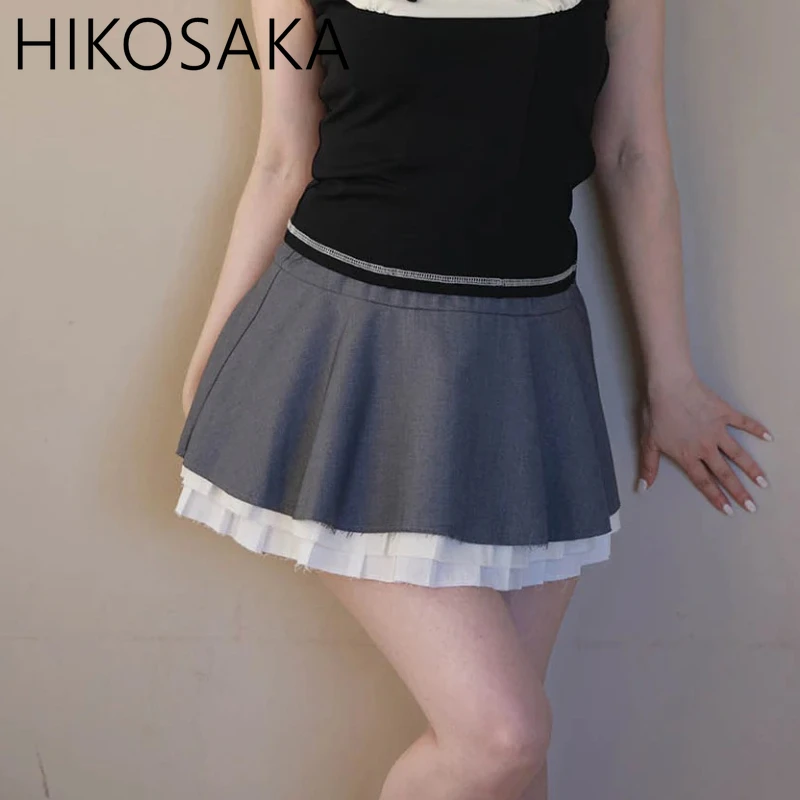 

Japan Preppy Style Chic Girls Mini Skirt Vintage High Waist Double-layer Pleated Patchwork A-line Jupe Casual All-match Faldas