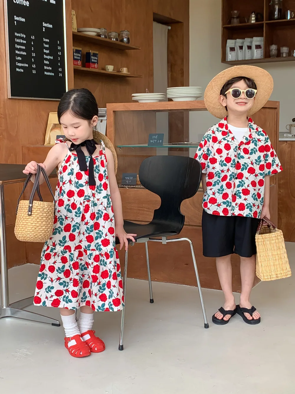 2024 Summer New Children Brother Sister Matching Clothes Fashion Boys Lapel Shirt Cute Girls Floral Sling Dress Sibling Outfits