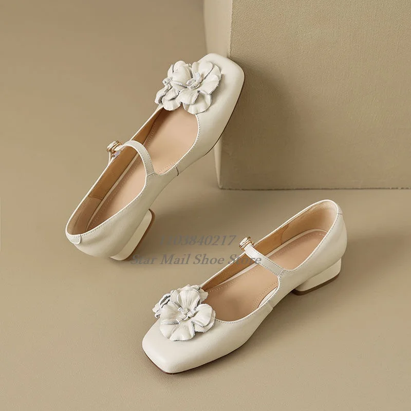 

Square Toe Low Heeled Pumps with Floral Decoration Adjustable Ankle Strap Buckle Flats Solid Color Elegant Ballet Shoes