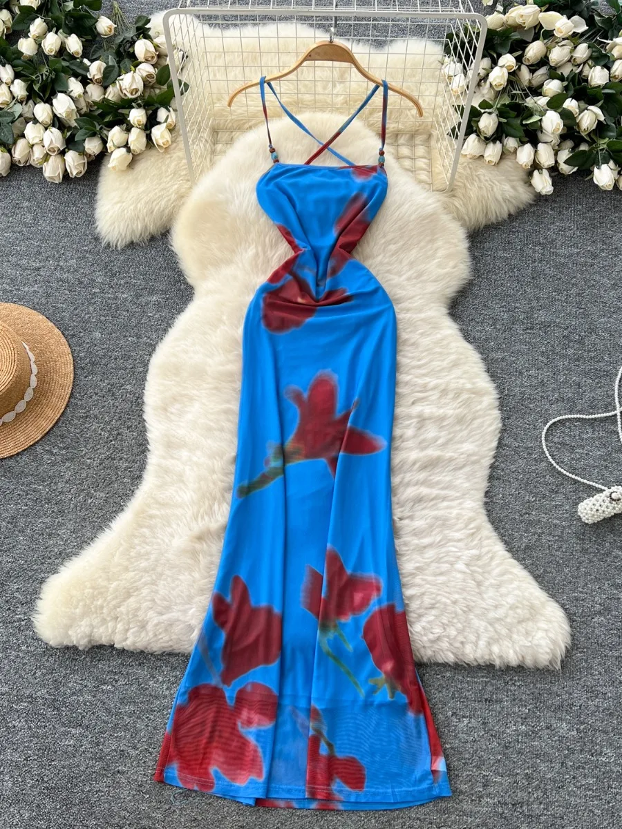 Foamlina عطلة الزي عارية الذراعين فستان بكتافة 2025 صيف جديد فرنسي مثير سليم صالح الرسن طباعة شبكة فساتين عطلة طويلة