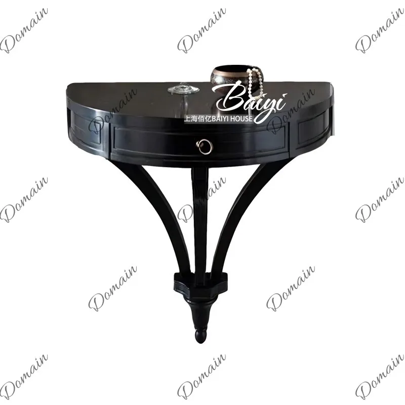 French Style Black Entryway Console Table Solid Wood Wall Mounted Shelf Retro Hallway Decor for Door Corridor