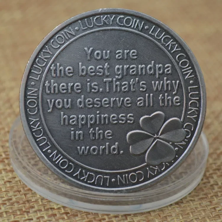 Dearest Grandpa Lucky Coin Four Leafs Clover Pattern Commemorative Coins Creative Gift