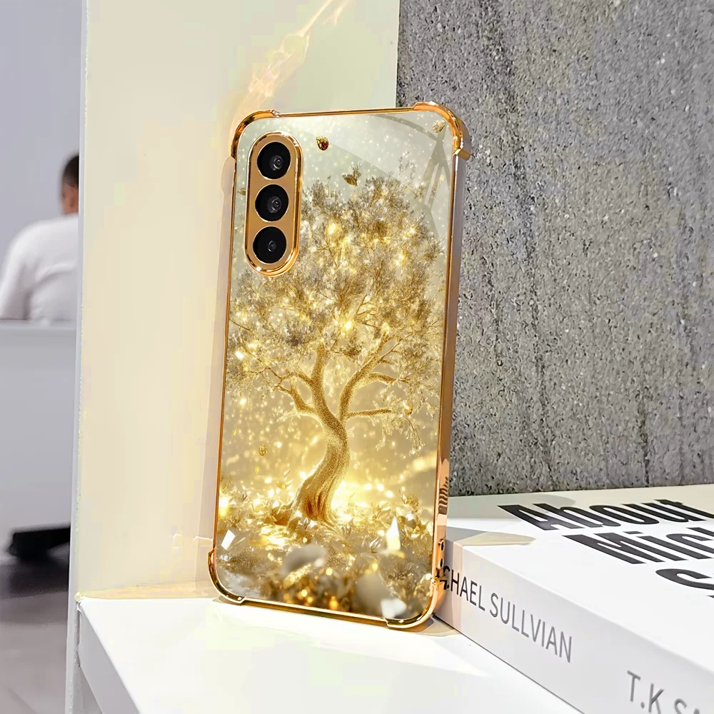 Luxury Golden Money Tree Glass Phone Case for Samsung Galaxy S26 S25 S24 S23 S22 S21 Ultra FE Plus Shockproof Anti-Scratch Cover