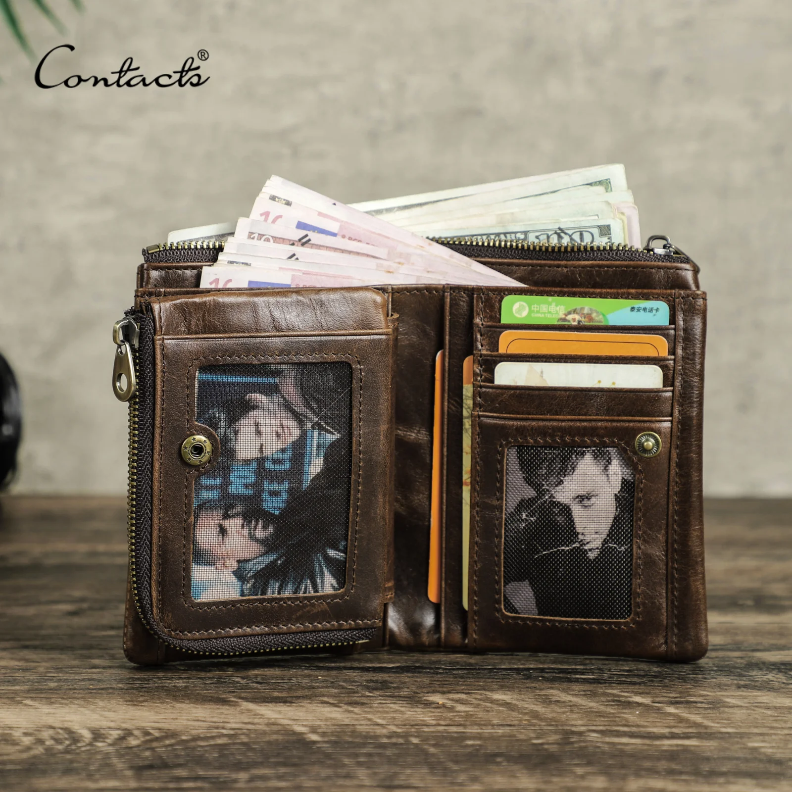 CONTACTS Genuine Leather Wallet Men Anti-Loss Airtag Slot 7 Card Holder Men Purse Coin Case RFID Blocking Compact Leather Wallet