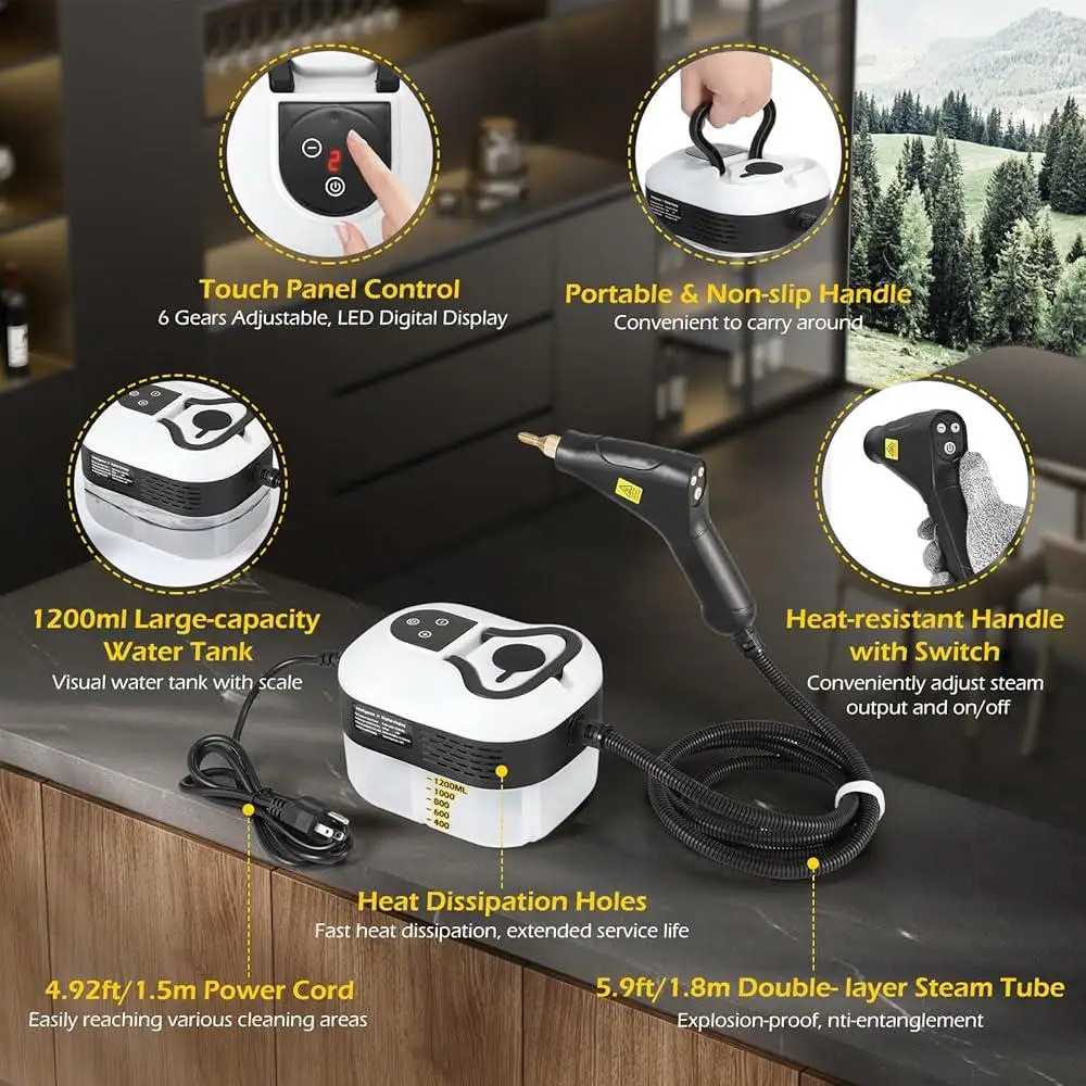 منظف بخار محمول بقوة 1500 وات، آلة تنظيف بخار محمولة بالضغط العالي مع تحكم باللمس وفرش متعددة الأغراض للمنزل و