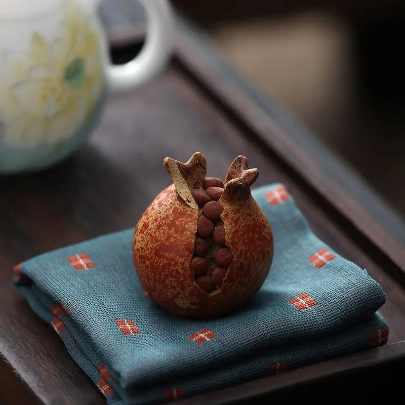 Hand‑made ceramic purple clay pomegranate ornament with split opening, tea decor, symbolizing blessings from many children
