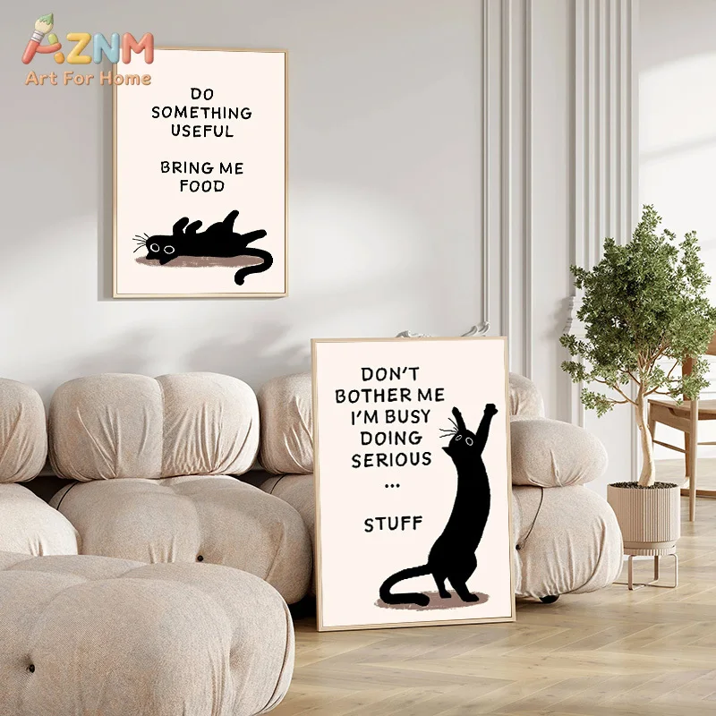 AZNM Funny Black Cat Quote Canvas Wall Art Minimal Cartoon Kitty Humorous Text Print Unframed Canvas Painting for Living Room Ho