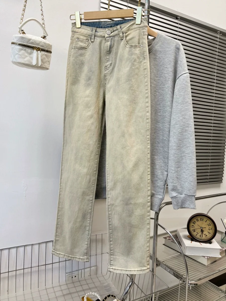 

Мужские джинсы в стиле ретро, американского дизайна, из желтой глиняной ткани, зауженные, прямого кроя, повседневные брюки, весна-осень, новинка, модный бренд в стиле High Street