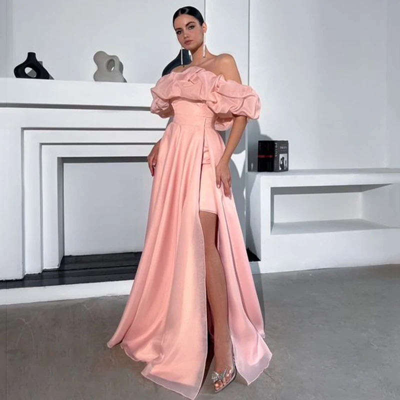 Musetta Off The Shoulder Ruffles Pink Evening Dresses Long Backless Pleat Satin Prom Dress Side Split New Celebrity Party Gowns