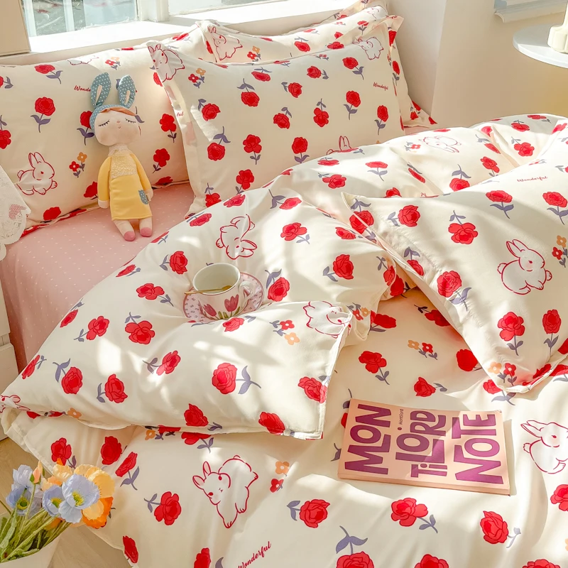 Duvet Cover Pillowcase with Bedsheet Printed Bed Linen Set Adults Kids Bedclothes Soft Bedding Cartoon Style Sheets Set 이불세트