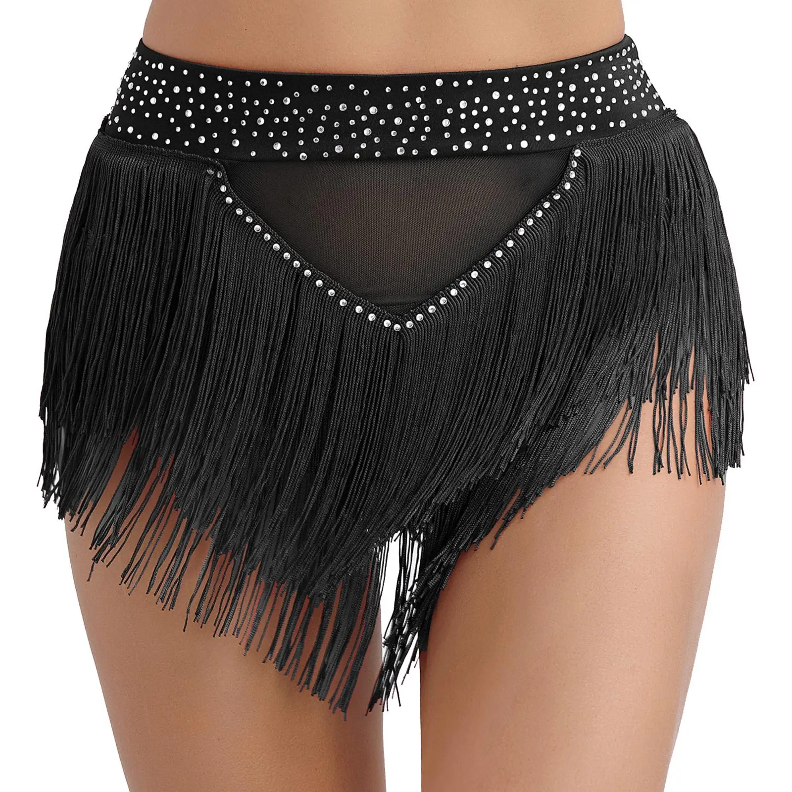 Womens Latin Belly Dance Skirt Shorts Bottoms 2024 New Shiny Rhinestone Tassel See Through Mesh Briefs Underwear Samba Dancewear