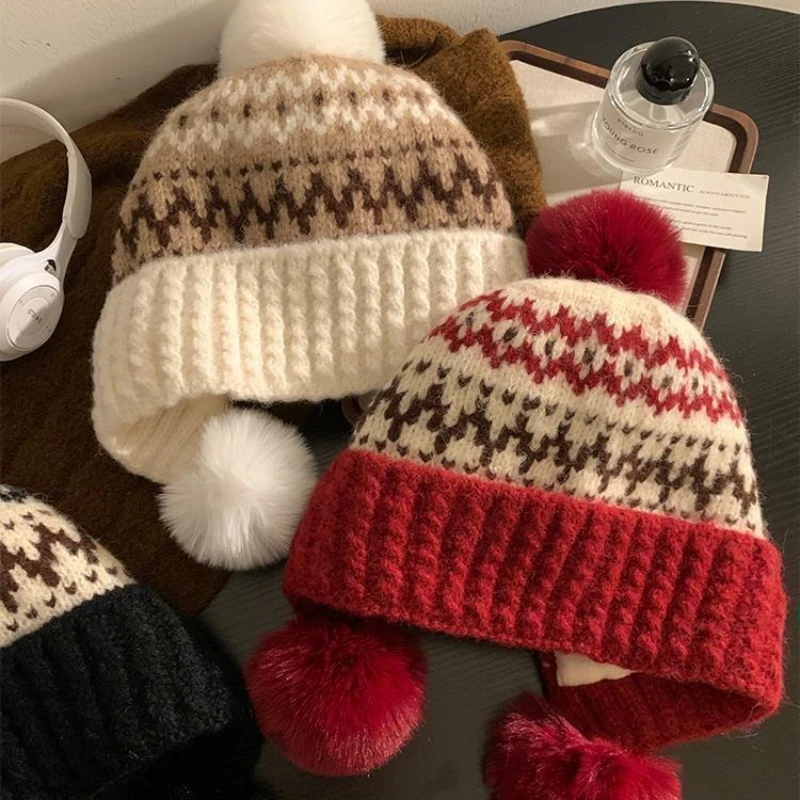 Berretto in maglia Fair Isle - Modello nordico con fodera termica e paraorecchie, cappello invernale slouchy per donna Natale
