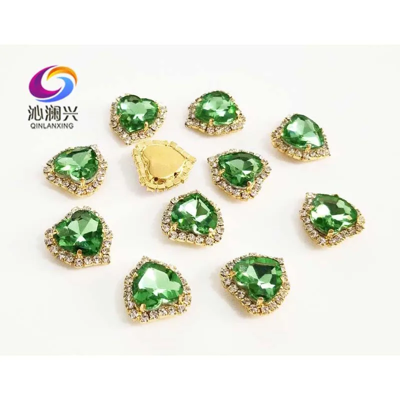 Heart Shape Light Green Color Crystal Glass Rhinestones, Gold Bottom Sew on Buckle, Used for Needlework, DIY/Sewing Accessories