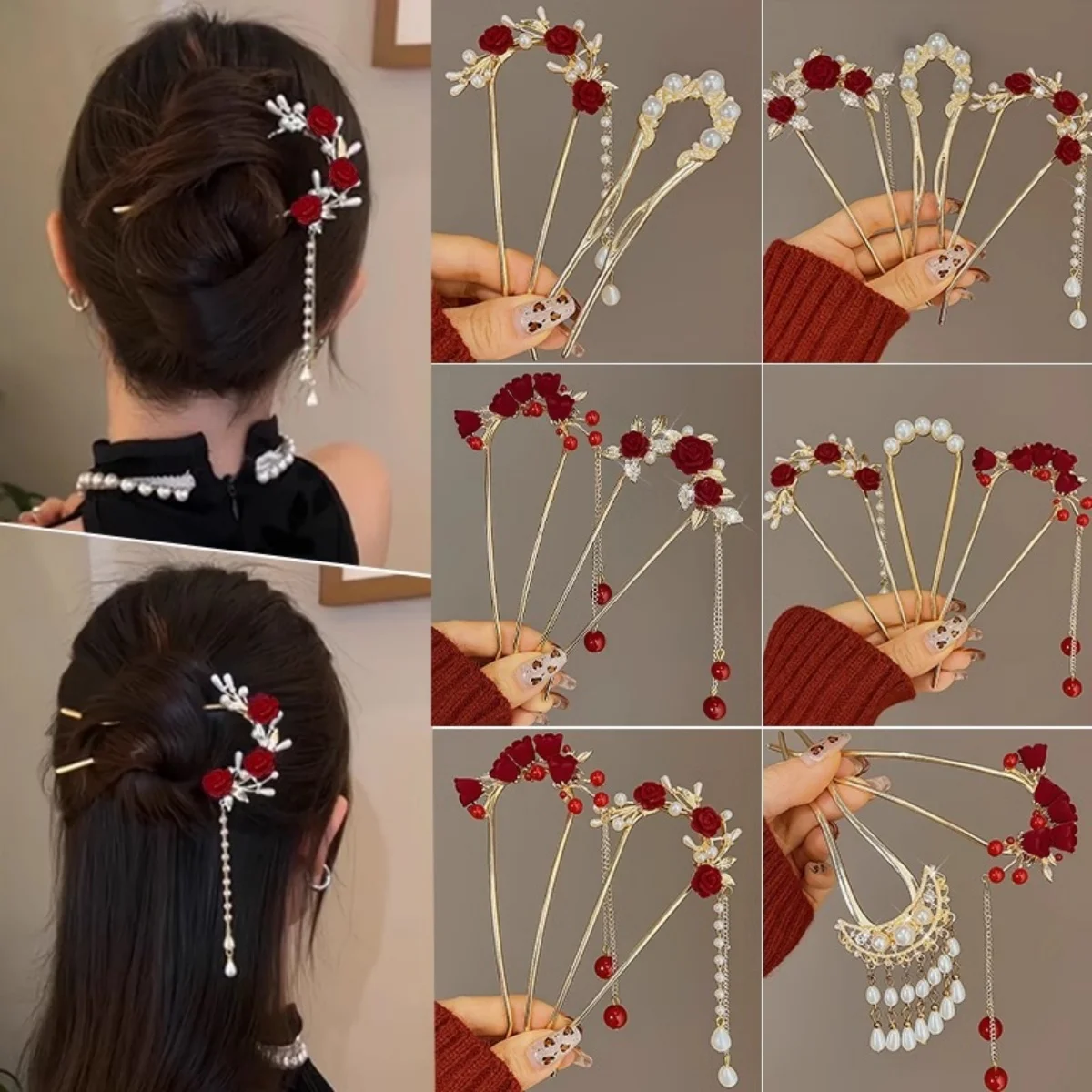 Vintage Chinese Style Rose Hairpin For Women Red Flower Element Tassel Hair Stick Elegant Exquisite Handmade Hair Accessories