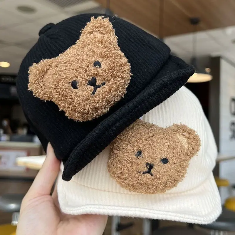 Cartoon Bear Baby Baseball Cap Solid Adjustable Soft-brim Peaked Hat for Kids Autumn Winter Warm Corduroy Infant Toddler Hats 모자