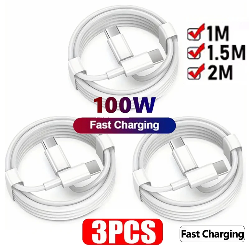 3er-Set PD 100W USB-C auf USB-C Kabel – Schnelles Lade- und Datenkabel für iPhone 17, 15, 15 Pro, Huawei, Samsung, Xiaomi – Weiß, 1m, 2m