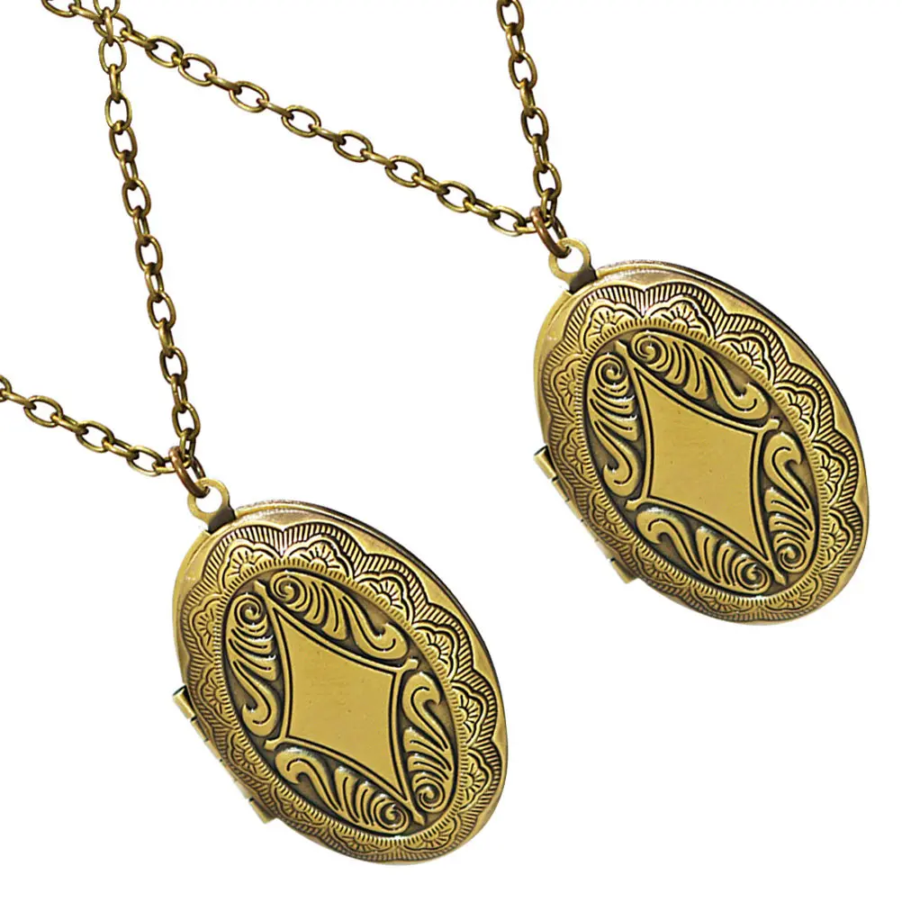 2Pcs Oval Bronze Photo Locket Necklace Keepsake Memorial Pendant Chain Engraved Picture Jewelry Vintage Charm