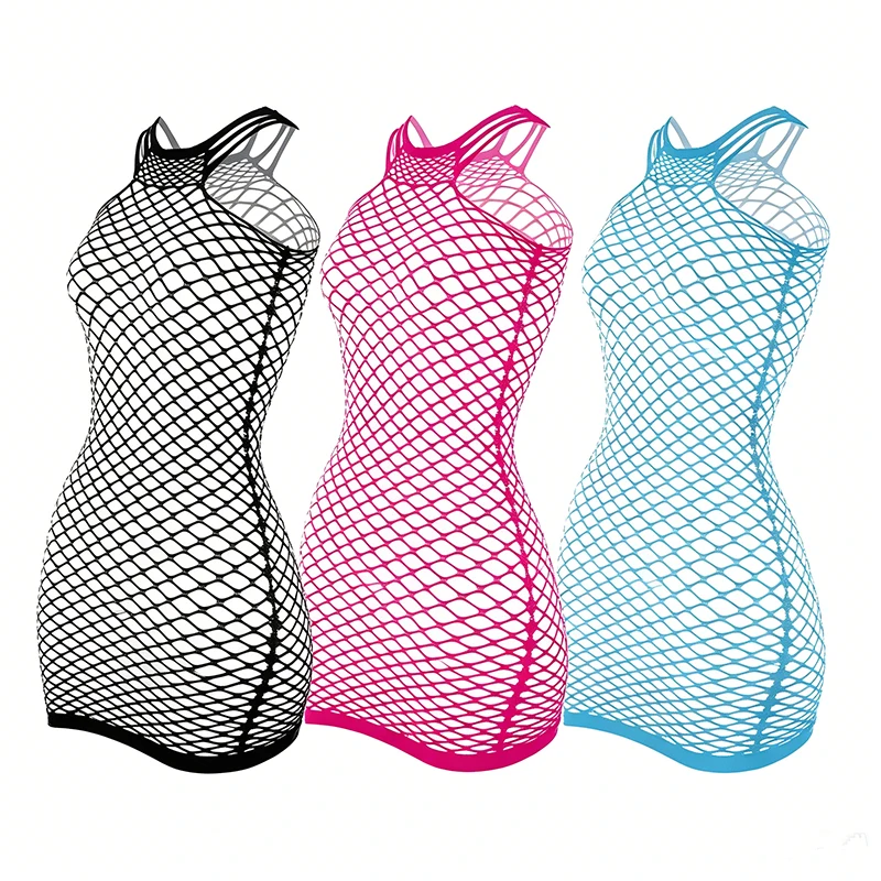 Women's Fishnet Beach Cover Up Mini Dress Sleeveless Stretch Mesh Swimsuit Coverup in Black Blue Rose Red One Size