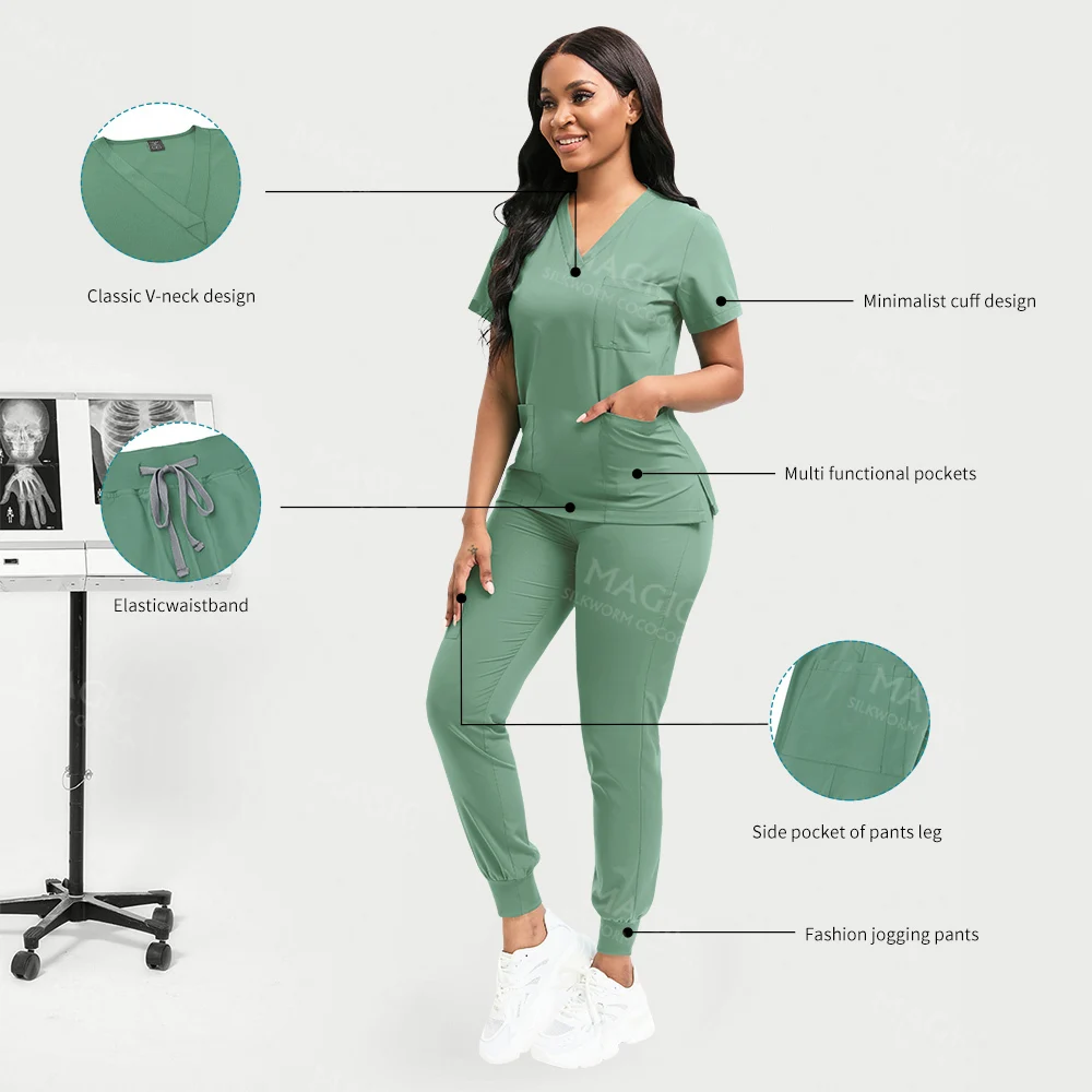 High Quality Medical Uniforms Nurse Scrub Set Women and Men's Modern V-Neck Tops and Pant Hospital Workwear Uniform Doctor Suits