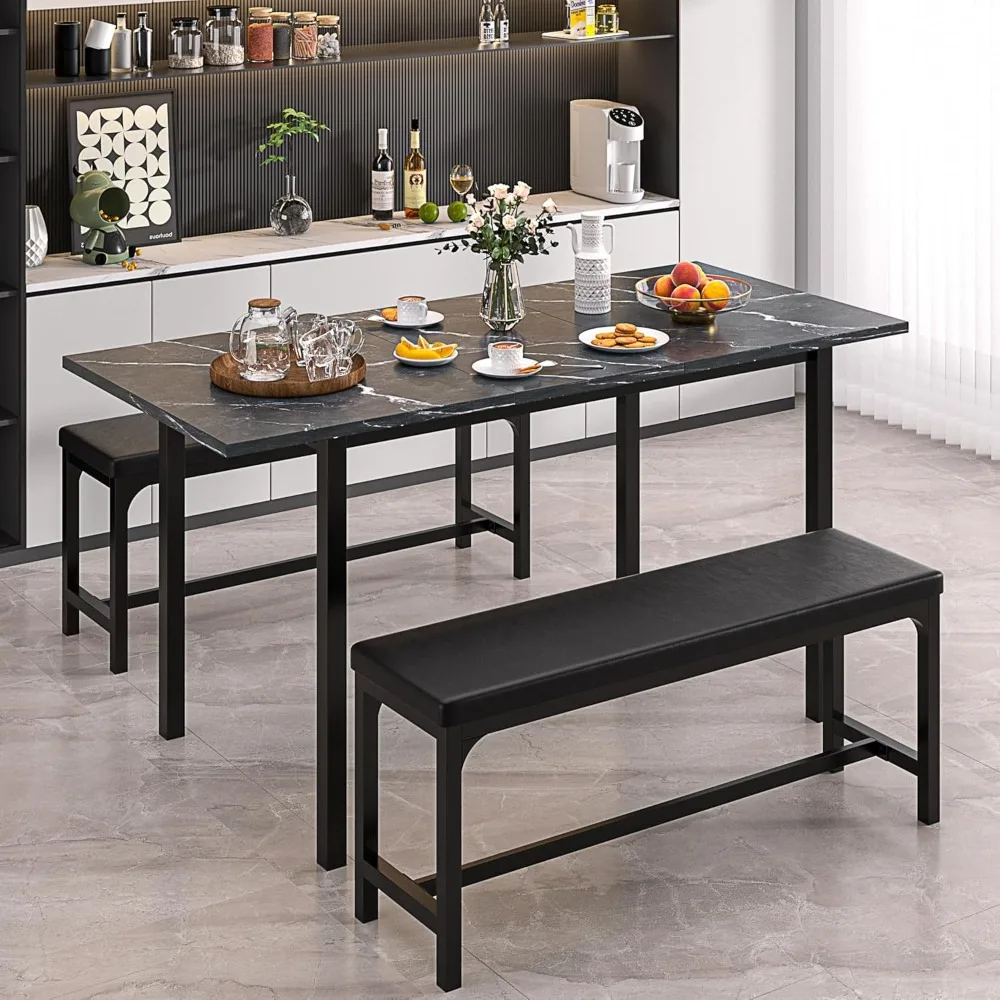 

3-Piece 63" Extendable Kitchen Table with Benches/Chairs, Modern Breakfast Dinette/Dining Room Set for 4/6/2, Small Space Savin