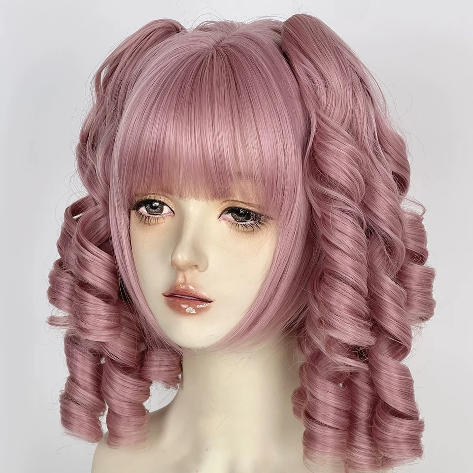 Synthetic Double Ponytail Lolita Wig with Princess Cut Bangs Girl Pink Cosplay Halloween Harajuku Wig