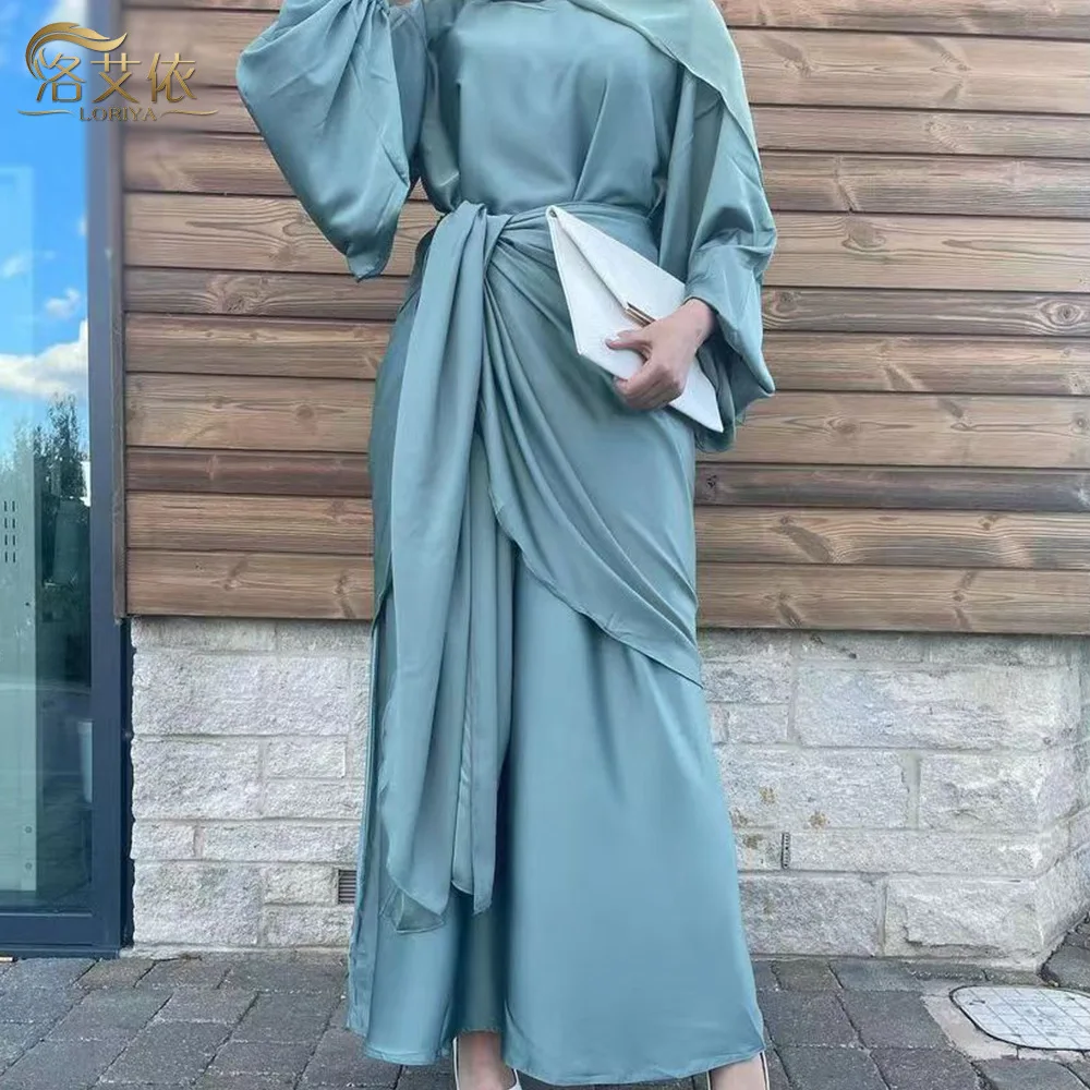 Fashion Muslim Kimono Abaya Cardigan Ramadan Dubai Turkey Eid Islamic Comfortable Two-piece Dress Set for Women