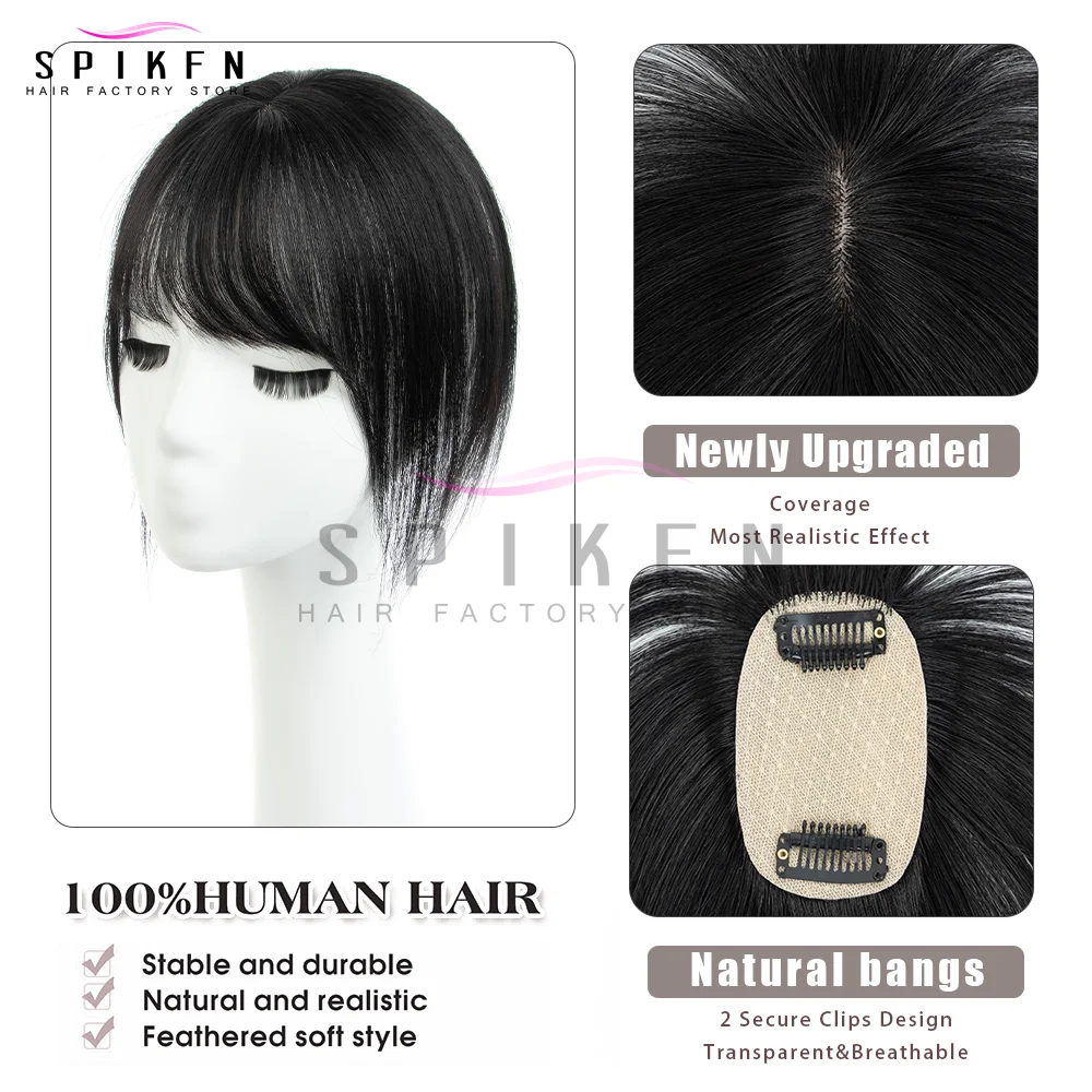 SPIKFN Haar Topper Middelste Deel met Pony 5x9 cm Basis Netto 8 "-14" Echt Menselijk Haar Topper Natuurlijke Rechte Top Haarstukjes Voor Vrouwen