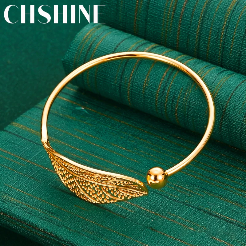 925 Sterling Silver 18K Gold Leaf Engraved Open Bangle for Women Fashion Wedding Party Jewelry