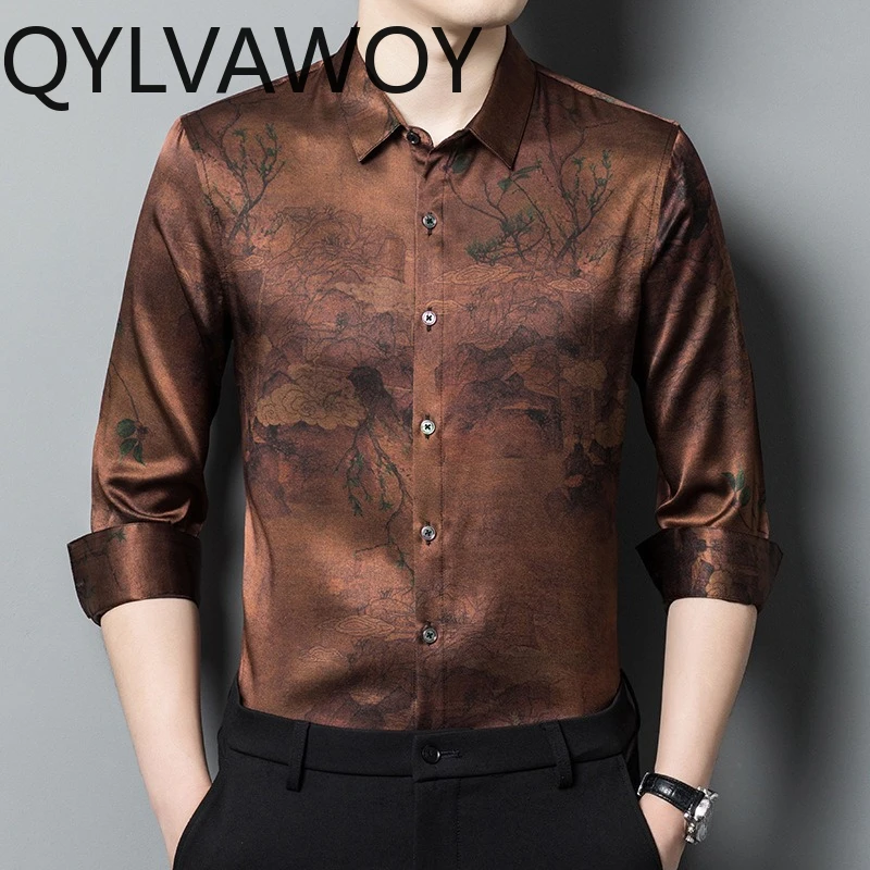 QYLVAWOY 90.8% Real Mulberry Silk Men's Shirts Xiangyunsha Shirts High-end Tops Long Sleeves Shirts for Men Menswear Clothing