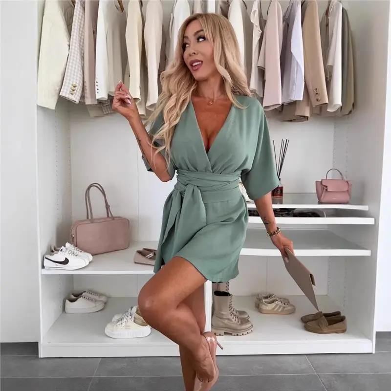 

Faionable ort Skirt V-Ne Cap-Sve Belted Casual Women's Dr Ele Sle European Flavor Mid-Waist Batwing pe