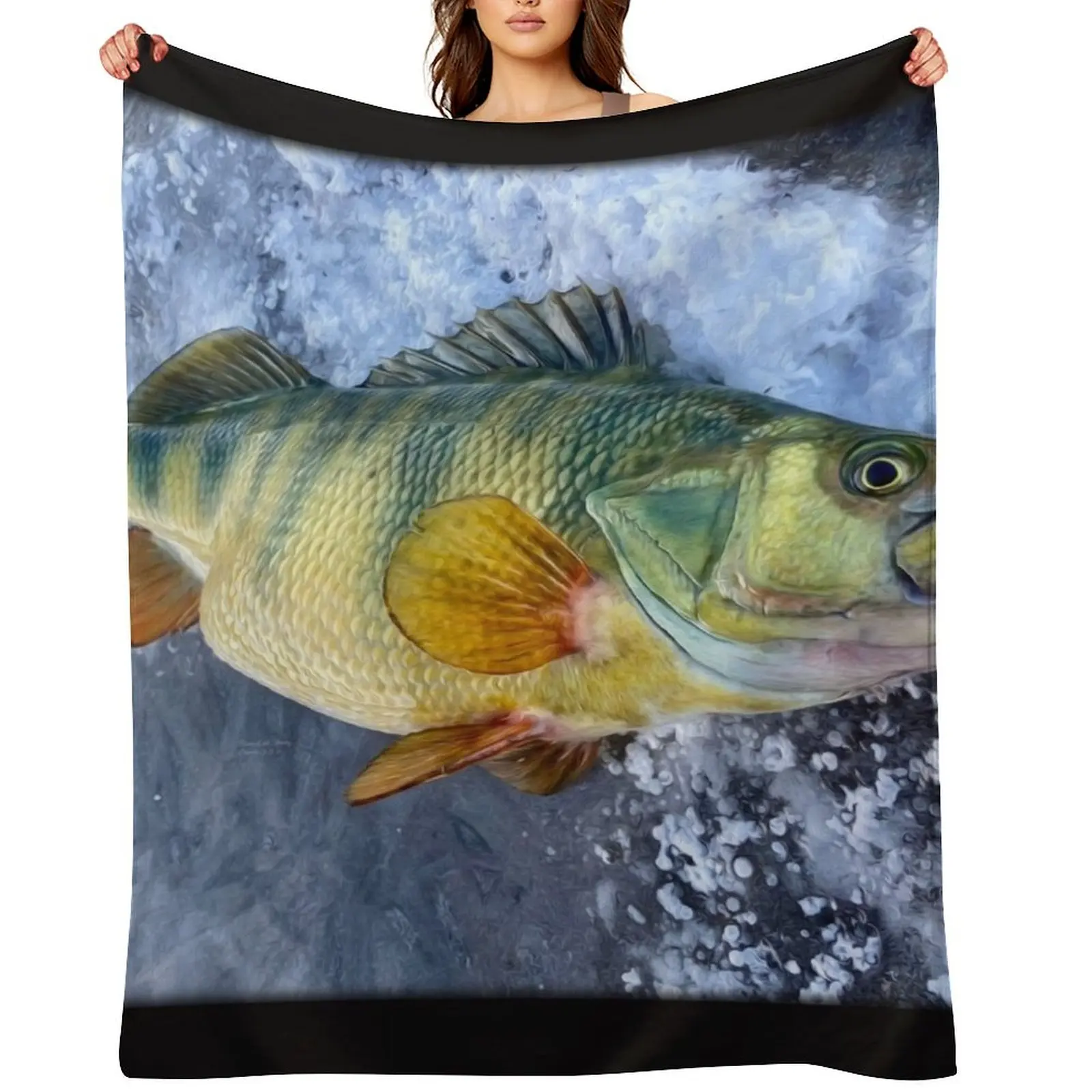 

Ice Fishing, Jumbo Yellow Perch, Original Painting Throw Blanket warm for winter Luxury St Heavy Furrys Blankets