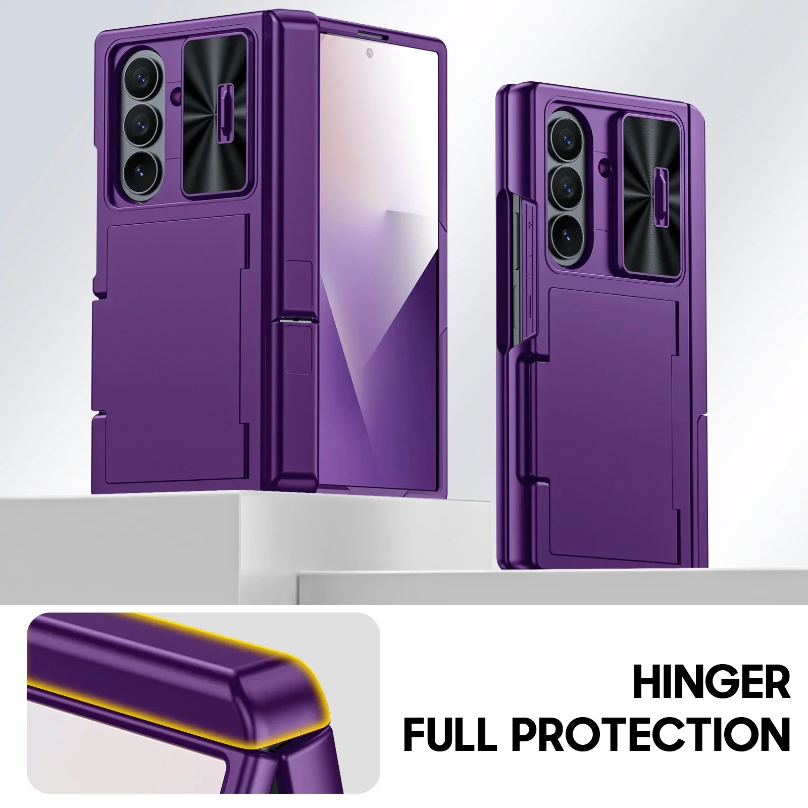 هدايا الهالوين لهاتف Galaxy Z Fold 7 RFID مع حامل بطاقات [مسند] [غطاء كاميرا] جراب هاتف من السيليكون المقاوم للصدمات - أرجواني