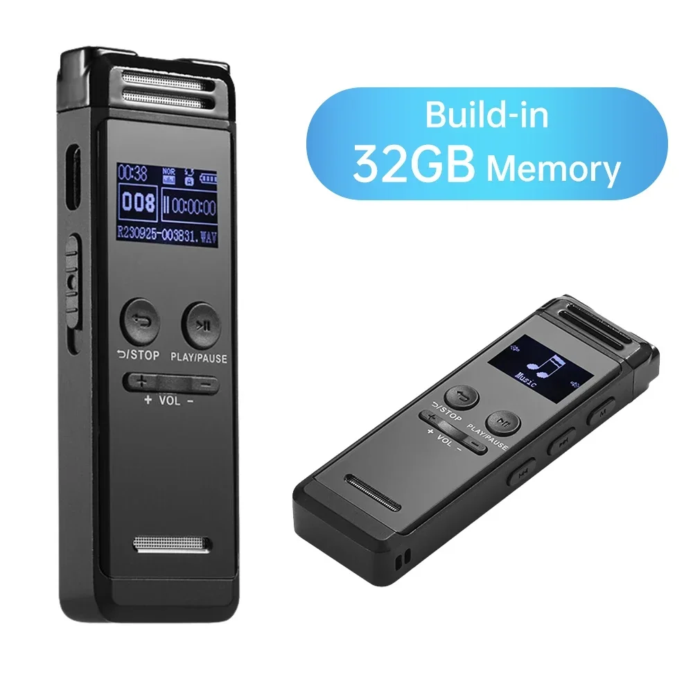 

32G Digital Voice Recorder Activated Record Playback MP3 Music Player w/ Mic Speaker 1536KBPS HD Recording 24 System Languages