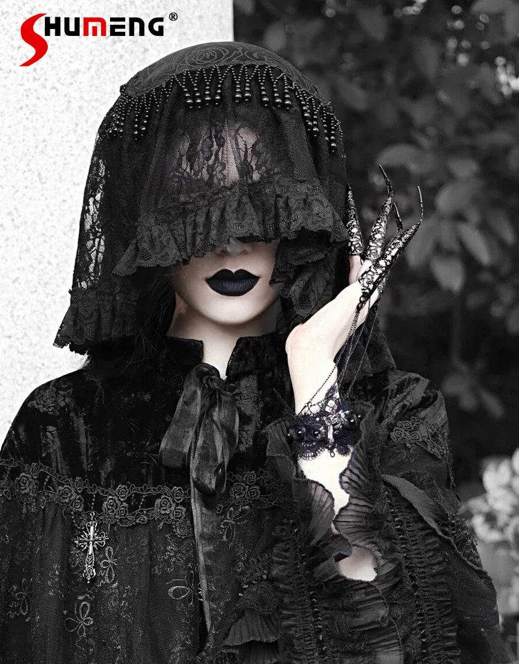 Original Design Christmas Cosplay Black Veil Women's Gothic Lace Splicing Hanging beads Heavy Industry Vintage Cover Headband