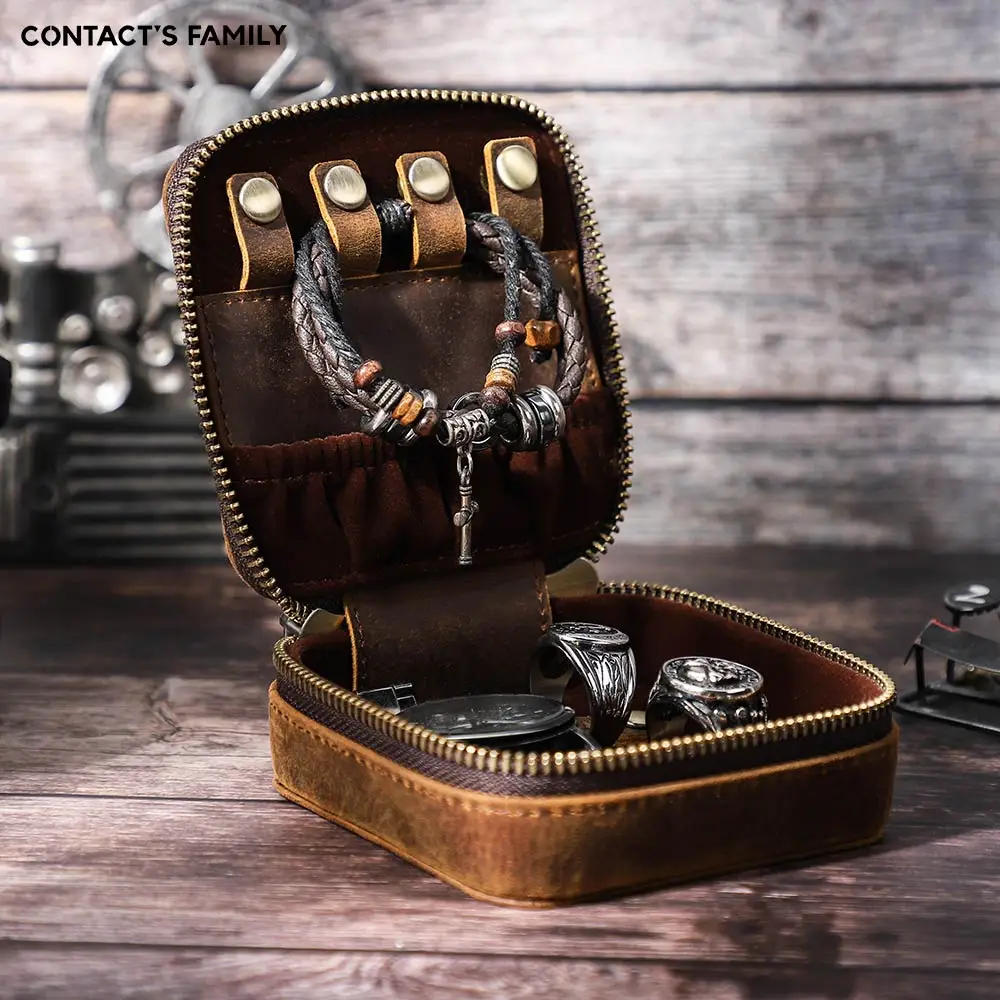 Retro Genuine Leather Jewelry Case For Men Women Chains Ring Earrings Bracelet Necklace Rings Jewelry Set Organizer Gift Box