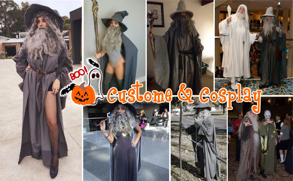 REEWES Wig Beard Set Grey Long Curl Yaki Synthetic Hair Old Man Costume Wig Anime Cosplay Halloween Party Proofs