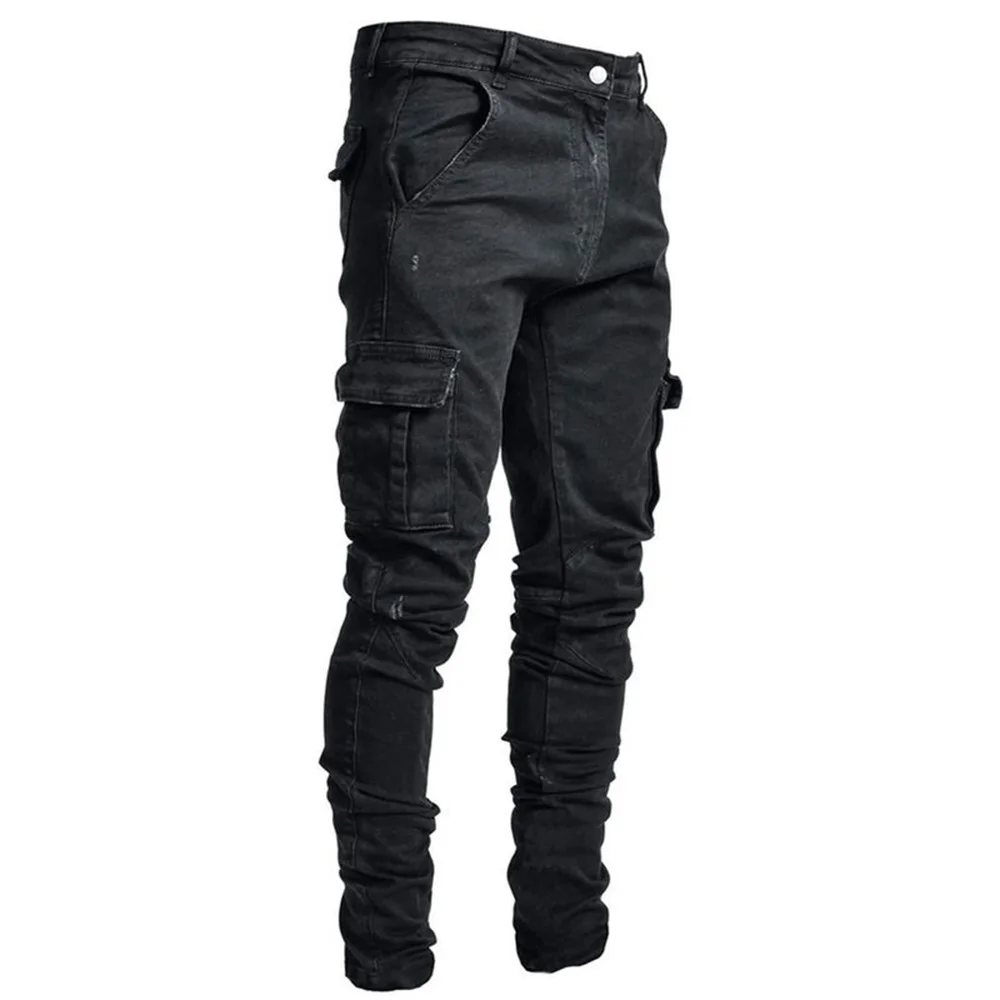 2022 Nieuwste Europa Jeans Mannen Potlood Broek Casual Katoenen Denim Ripped Verontruste Gat Nieuwe Mode Broek Zijzakken Cargo Broek