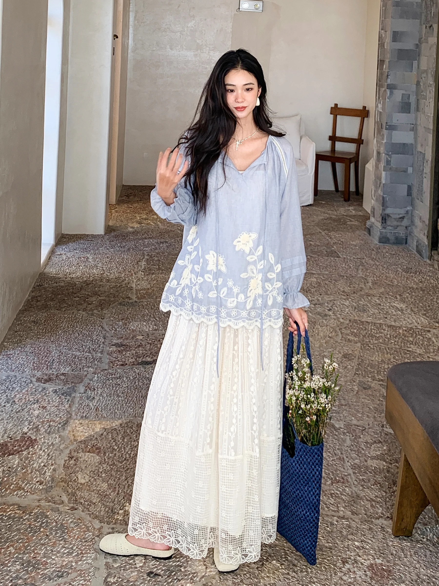 

Женская свободная блузка LAZYZ из чистого хлопка с кружевной отделкой и вышивкой, весна 2026, новая коллекция, для отпуска, с защитой от солнца, повседневная, свободного кроя